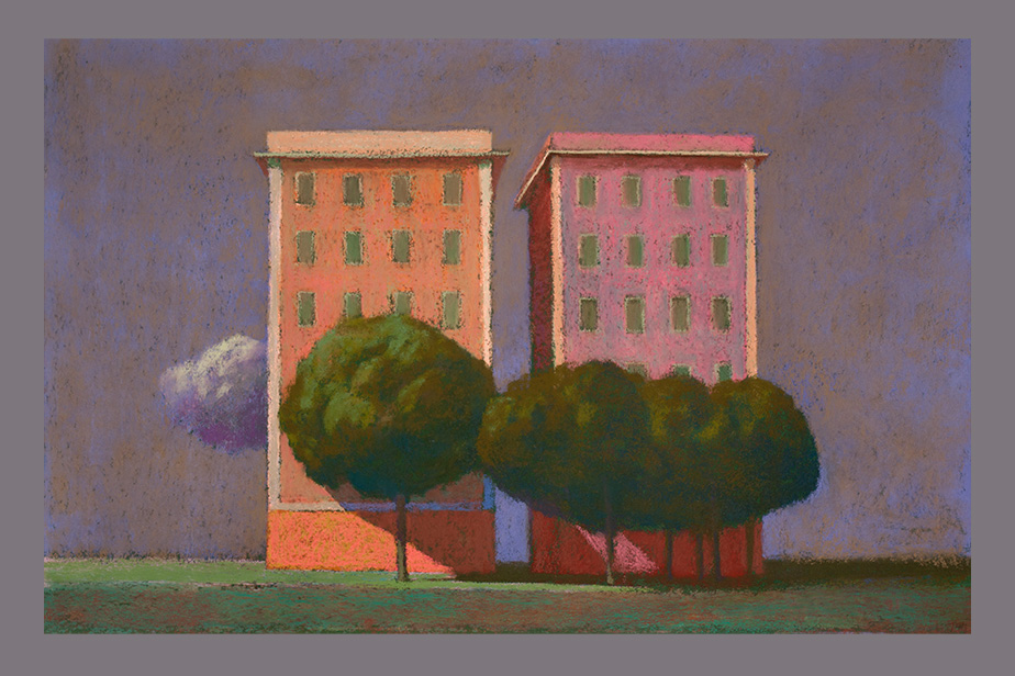 Pastel - Deux immeubles, nuage - Gerard Jan