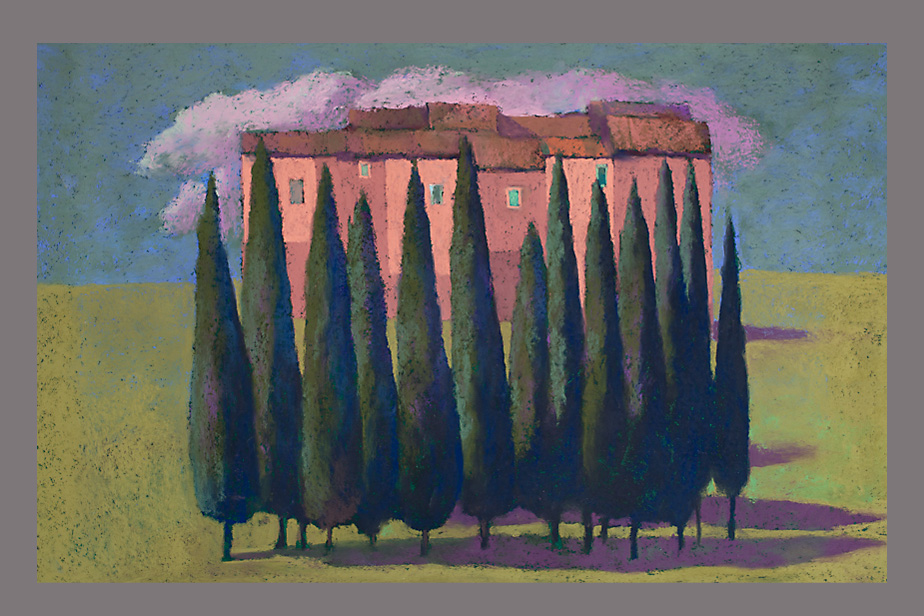 Pastel - Village toscan, cyprès - Gerard Jan