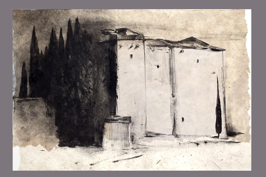 Monotype - Façades et cyprés, Terni - Gerard Jan