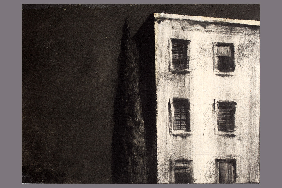 Monotype - Cyprès et vieil immeuble - Gerard Jan