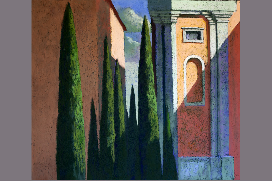 Pastel - Cyprès et façade, Orvieto - Gérard Jan