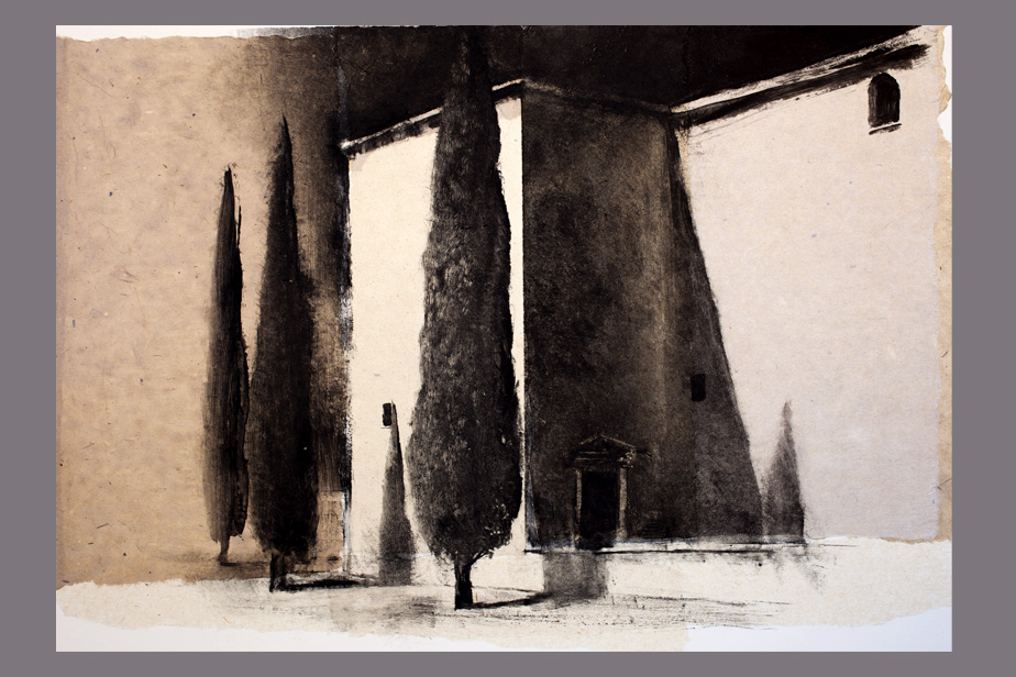 Monotype - Façades romaines et cyprès - Gerard Jan