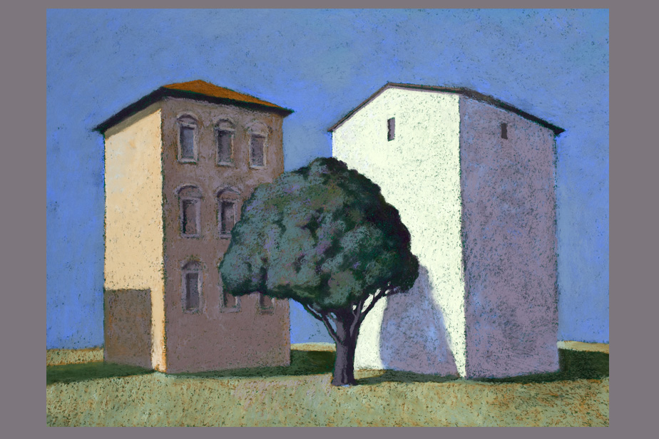 Pastel - Arbre et façades, Azille - Gerard Jan