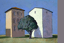 Pastel - Arbre et façades, Azille - Gérard Jan