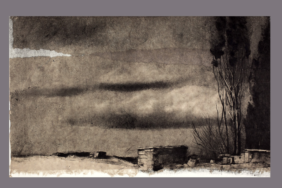 Monotype - Arbuste, ruines et nuages - Gerard Jan