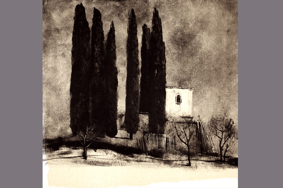 Monotype - Cyprès et petite façade - Gerard Jan