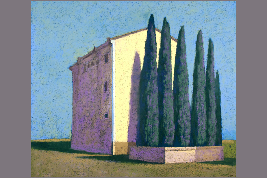 Pastel - Façade jaune et cyprès - Gérard Jan