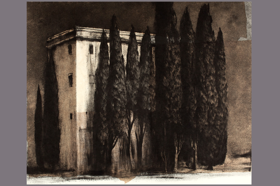 Monotype - Grand immeuble et cyprès à Palerme - Gérard Jan