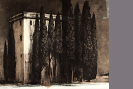 Monotype - Grand immeuble et cyprès à Palerme - Gérard Jan