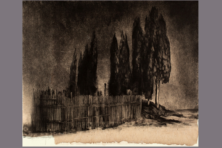 Monotype - Cyprès et canisses dans la plaine - Gerard Jan