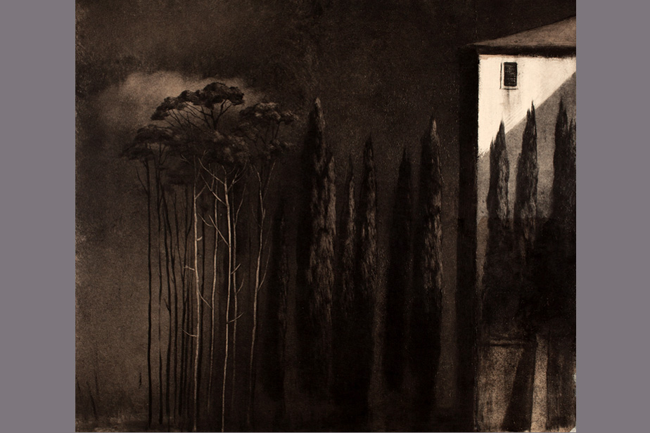 Monotype - Pins, cyprès et grande façade - Gerard Jan