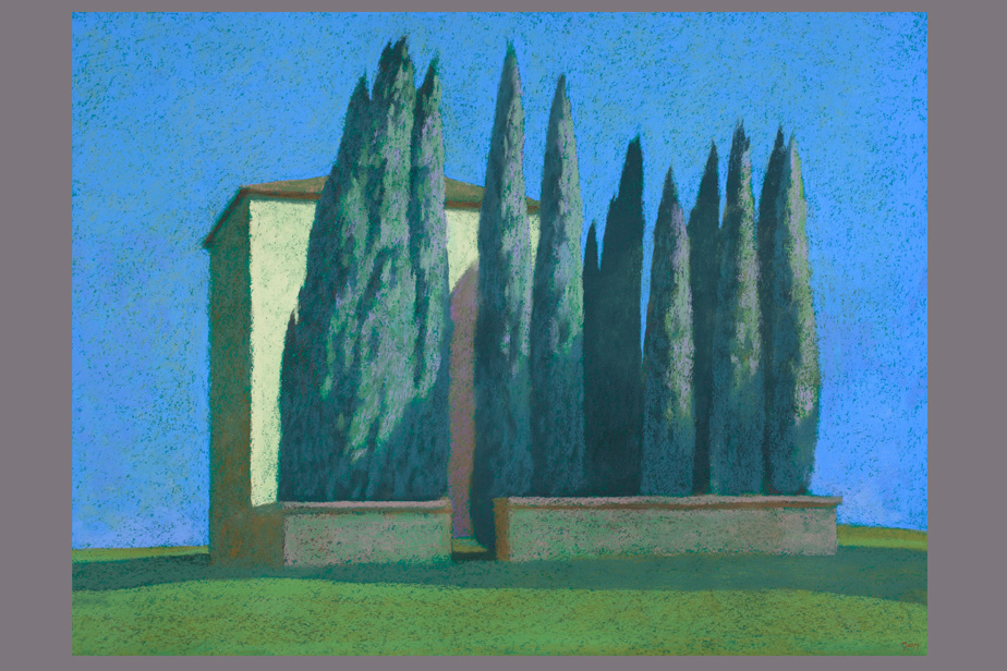 Pastel - Façade et cyprès, Oupia - Gérard Jan