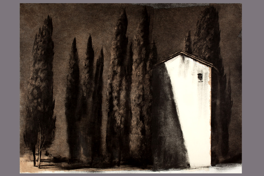 Monotype - Façade et cyprès, Argeliers - Gérard Jan